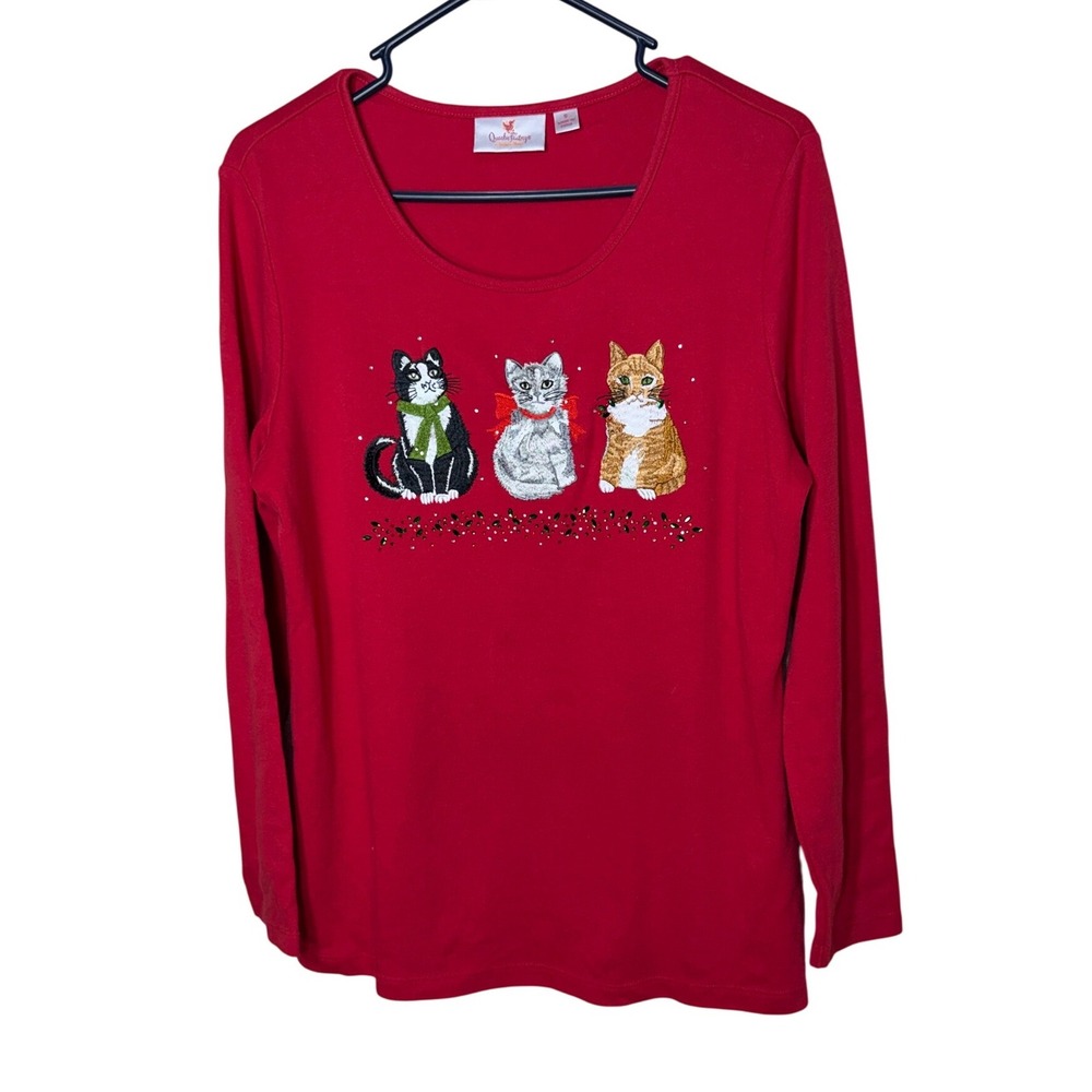 Quacker Factory Womens Red Christmas Cat Embroidered Rhinestone Top‎ Small
